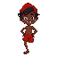  sprite of a playful trickster boy character. he has dark brown skin, messy black hair, and a wide, mischievous smile. he wears a bright red wool cap (without a brim), red shorts, and no shirt. he has only one leg, standing balanced on it with ease. he is