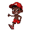 a mischievous black boy with a big smile, wearing a red cap and red shorts, hopping on one leg. add expressive eyes with highlights, detailed facial features, muscle definition, and varied shading on clothes. use clean outlines and vibrant colors. transpa
