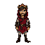 a pixel art depiction of dante from dante's inferno, standing position (idle, full body) wearing a medieval crimson tunic with a hood, a laurel wreath on his head, and a determined expression. 