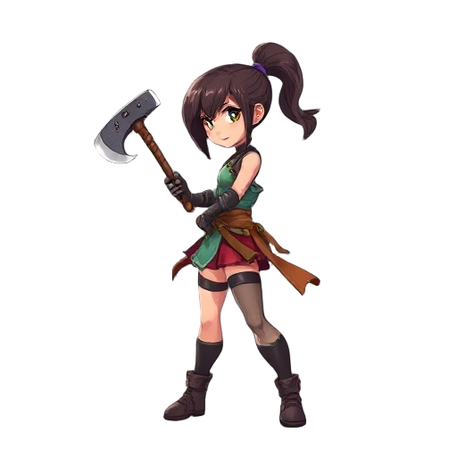 fighting girl with an axe in skins side view