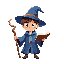 a boy wizard with a hat, a magic staff, and a book of spells. he wears a blue robe.
