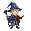 a boy wizard with a hat, a magic staff, and a book of spells. he wears a blue robe. 2d high detailed (16bit) pixel character for fantasy game