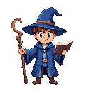 a boy wizard with a hat, a magic staff, and a book of spells. he wears a blue robe. make it more detailed 16bit pixel character for fantasy game