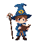 a boy wizard with a hat, a magic staff, and a book of spells. he wears a blue robe. 2d pixel character for fantasy game