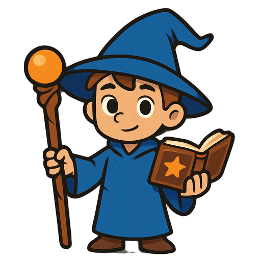 a boy wizard with a hat, a magic staff, and a book of spells. he wears a blue robe.