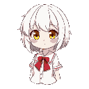 anime girl, white short hair, yellow eyes, red bow, white shirt