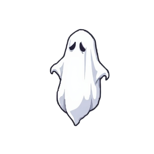a floating white ghost with a sheet draped over it and a sad look on it's face in a pixelated rpg style like stardew valley