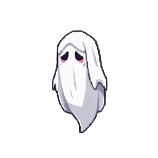 a floating white ghost with a sheet draped over it and a sad look on it's face in a pixelated rpg style like stardew valley