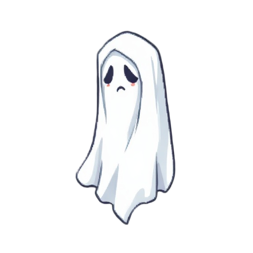 a floating white ghost with a sheet draped over it and a sad look on it's face in a pixelated rpg style like stardew valley