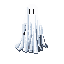 a floating white ghost with a sheet draped over it and a sad look on it's face in a pixelated rpg style like stardew valley