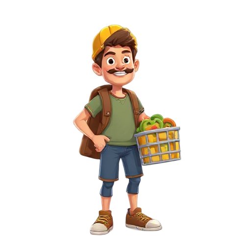 um cidadão para meu jogo de construção de cidades. ele deve ter caminhar em todas as direções, carregando uma sacola de compras. deve ter um visual bonitinho, atraente e engraçado
