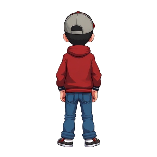 backward cap, blue jeans, red jacket,