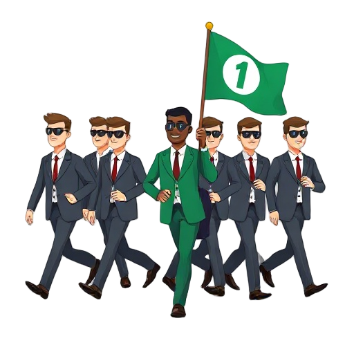 men in suits with sunglasses on following a black man in a green suit holding a flag with a number 1 on it. they are marching across the screen and marching in sync