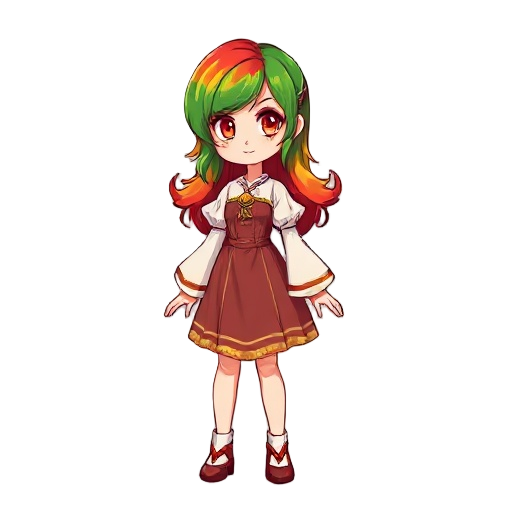 sprite rpg style, of a girl that her hair is a mix of red green and yellow and she is wearing roupas inspirada na festa de são joão, um vestido e mangas bufantes, ela é branca e tem olhos roxos