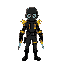 man in black militar clothes some yellow strikes, the man don't have legs, he fly under a jet leg with a rainbow color fire, he had all black face with two great withe balls like eye