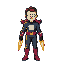 two white balls circle around the face; rocket leg with raibow fire