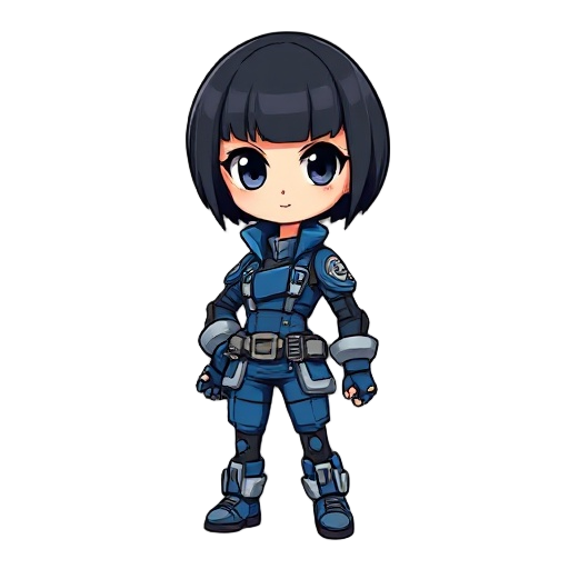 chibi girl, black short hair with bangs, blue and silver futuristic bomber outfit, utility belt with bombs, confident pose, cartoon style, game character, full body