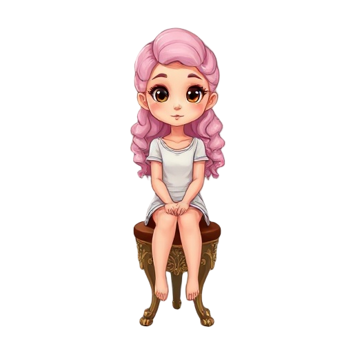a young, light-skinned girl, centered in the image, sits on a decorative, ornate stool.  she has a slender build and long, curly, light pink hair.  her eyes are brown, and her expression is neutral, a