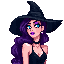witch in a black dress with cleavage, blue eyes, purple hair and purple lipstick