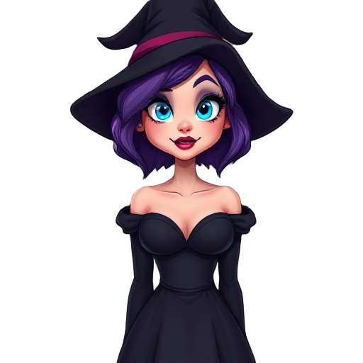 witch in a black dress with cleavage, blue eyes, purple hair and lipstick