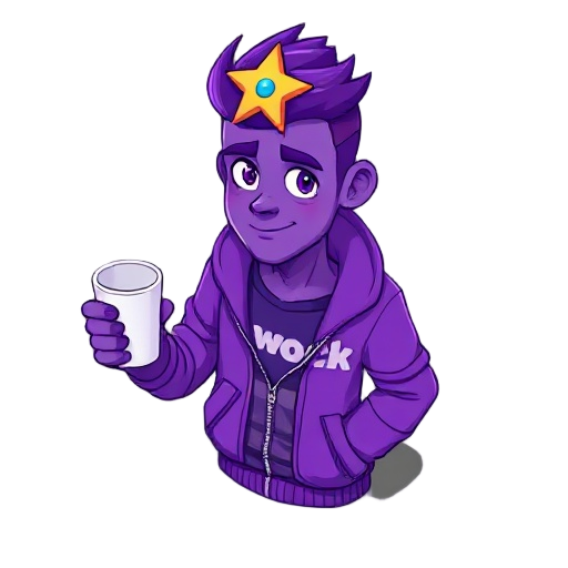 a guy with purple skin, with a purple jacket zip half way down with the words wock on the shirt, give him a star with eyes on his head, make him have purple hair, holding a whit cup