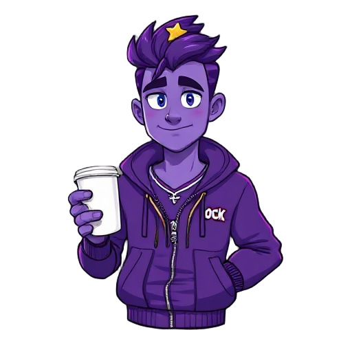 a guy with purple skin, with a purple jacket zip half way down with the words wock on the shirt, give him a star with eyes on his head, make him have purple hair, holding a whit cup