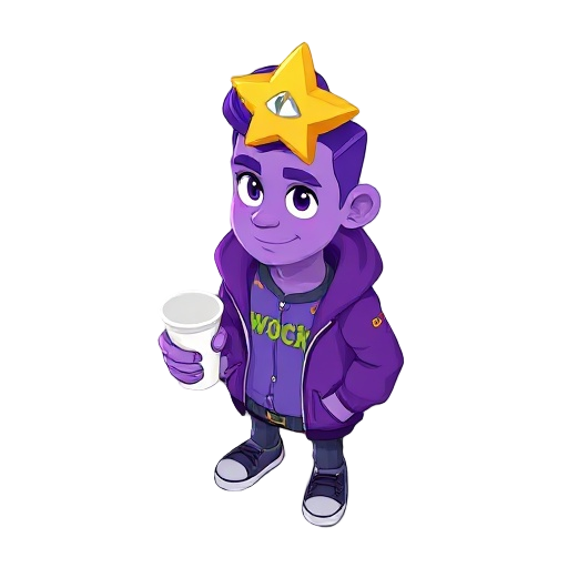 a guy with purple skin, with a purple jacket zip half way down with the words wock on the shirt, give him a star with eyes on his head, make him have purple hair, holding a whit cup