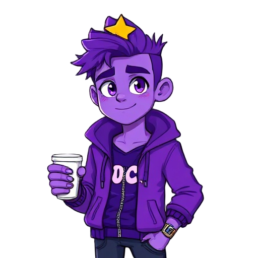 a guy with purple skin, with a purple jacket zip half way down with the words wock on the shirt, give him a star with eyes on his head, make him have purple hair, holding a whit cup