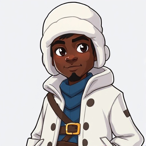 a dark-skinned male traveler dressed for cold climates, with a calm yet determined expression. he wears a thick white ushanka hat covering his ears, and a long white winter coat with subtle grey trim on the sleeves, reaching down to his knees. underneath,