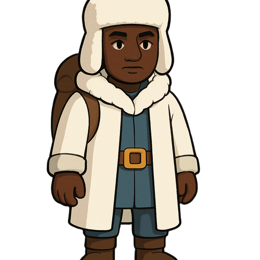 a dark-skinned male traveler dressed for cold climates, with a calm yet determined expression. he wears a thick white ushanka hat covering his ears, and a long white winter coat with subtle grey trim on the sleeves, reaching down to his knees. underneath,