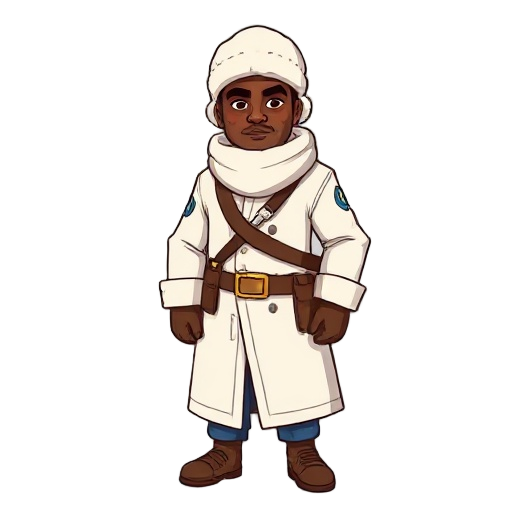 a dark-skinned male traveler dressed for cold climates, with a calm yet determined expression. he wears a thick white ushanka hat covering his ears, and a long white winter coat with subtle grey trim on the sleeves, reaching down to his knees. underneath,