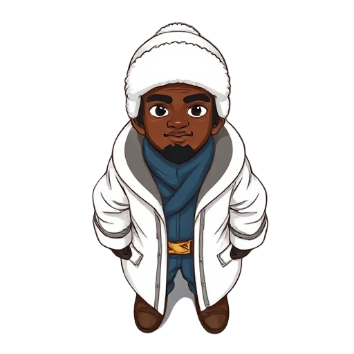 a dark-skinned male traveler dressed for cold climates, with a calm yet determined expression. he wears a thick white ushanka hat covering his ears, and a long white winter coat with subtle grey trim on the sleeves, reaching down to his knees. underneath,