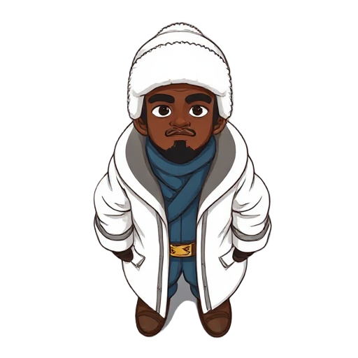 a dark-skinned male traveler dressed for cold climates, with a calm yet determined expression. he wears a thick white ushanka hat covering his ears, and a long white winter coat with subtle grey trim on the sleeves, reaching down to his knees. underneath,