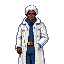 a dark-skinned male traveler dressed for cold climates, with a calm yet determined expression. he wears a thick white ushanka hat covering his ears, and a long white winter coat with subtle grey trim on the sleeves, reaching down to his knees. underneath,