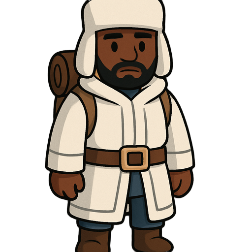 a dark-skinned male traveler dressed for cold climates, with a calm yet determined expression. he wears a thick white ushanka hat covering his ears, and a long white winter coat with subtle grey trim on the sleeves, reaching down to his knees. underneath,