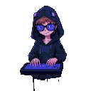 cyberpunk-style hacker girl, neon-lit city background, wearing a hood and ar glasses, holographic code floating in a dark room, typing on a futuristic keyboard.