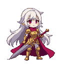  a full body female character wearing golden armor in anime, long white hair, red eyes, holding a holy sword in 2d pixel 8 bit style, no background, face right