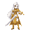  a full body female character wearing golden armor in anime, long white hair, red eyes, holding a holy sword in 2d pixel 8 bit style, no background, face right