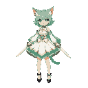 pixel anime human cat girl with mint green hair, white green and gold dress with skirt, big chest, black heels, two swords
