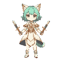 pixel anime cat girl with mint green hair, white and gold dress, big chest, two swords
