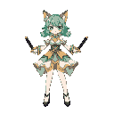 pixel anime human cat girl with mint green hair, white green and gold dress with skirt, big chest, black heels, two swords