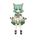 pixel anime cat girl with mint green hair, white green and gold dress with skirt, big chest, black heels, two swords