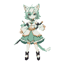 pixel anime human cat girl with mint green hair, white green and gold dress with skirt, big chest, black heels, two swords