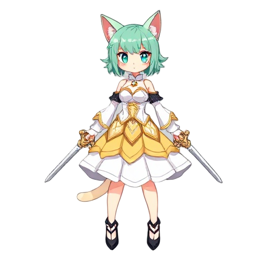 pixel anime cat girl with mint green hair, white and gold dress with skirt, big chest, black heels, two swords