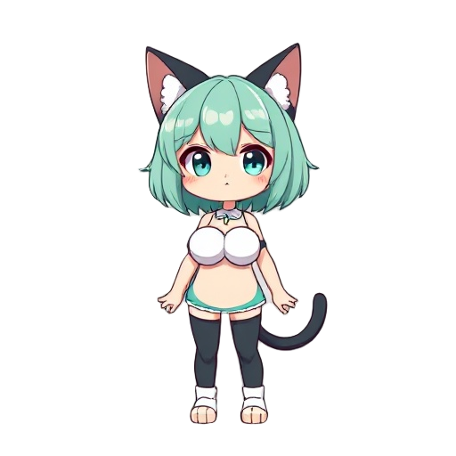 anime cat girl with mint green hair and big chest
