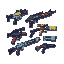 **prompt:**    "create a pixel art of a collection of creative and innovating weapons in cyberpunk victoran age based, for a retro video game style.