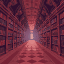 create a wide, panoramic pixel art background for a 2d side-scrolling platformer game, similar to mario. the image should depict a long section of a grand library corridor, designed for smooth horizon