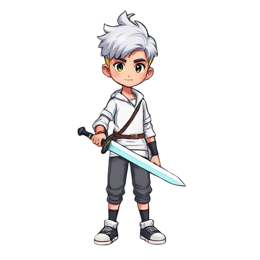 personagem jovem, cabelos brancos, pele branca, roupas brancas e leves, espada de vidro