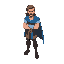 man with brown hair, blue cape, blue bandage, long hair, boots, 