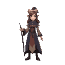 a powerful mage character with a robe and a staff with levitating rocks around her